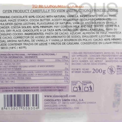 Simon Coll Drinking Chocolate Bar with 60% Cocoa & Bourbon Vanilla, 200g Outlet