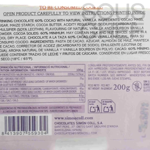 Simon Coll Drinking Chocolate Bar with 60% Cocoa & Bourbon Vanilla, 200g Outlet