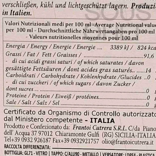 Frantoi Cutrera Tonda Iblea Monocultivar PGI Extra Virgin Olive Oil, 500ml Hot