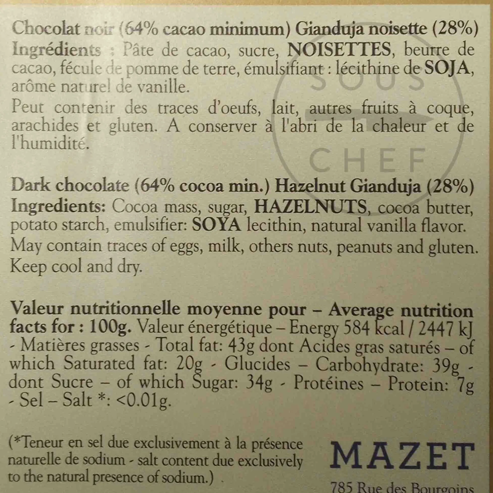 Mazet de Montargis Mazet Gianduja Dark Chocolate Bar, 100g Online