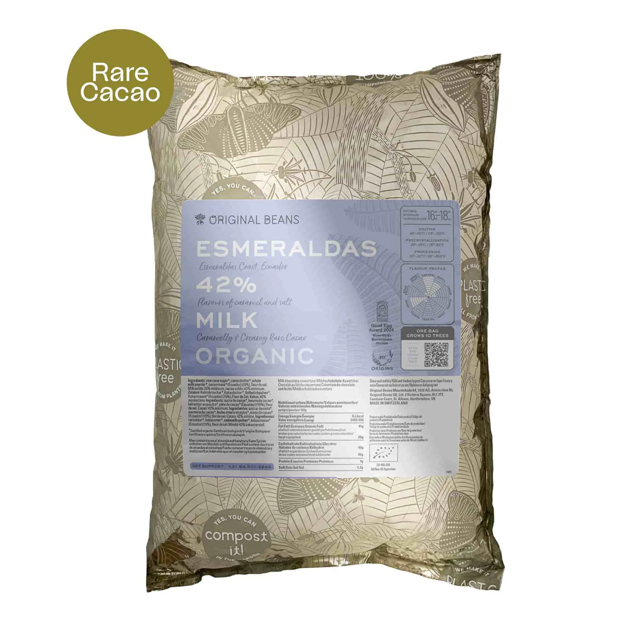 Original Beans 42% Esmeraldas Milk Couverture Chocolate, 2kg Hot