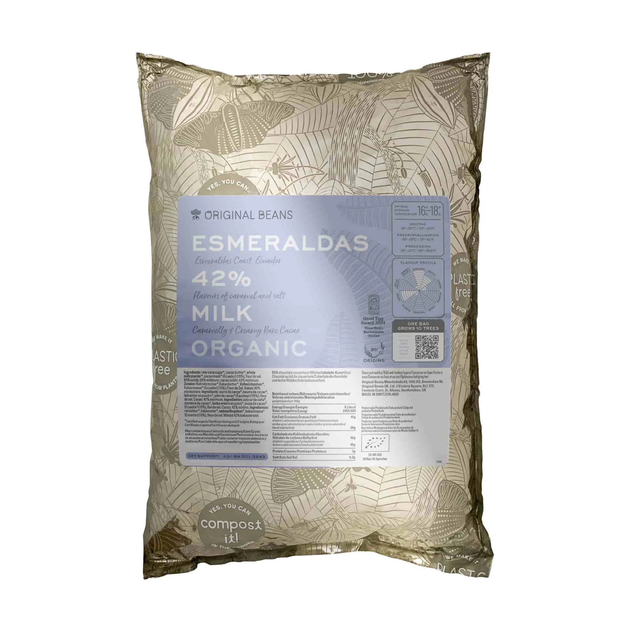 Original Beans 42% Esmeraldas Milk Couverture Chocolate, 2kg Hot
