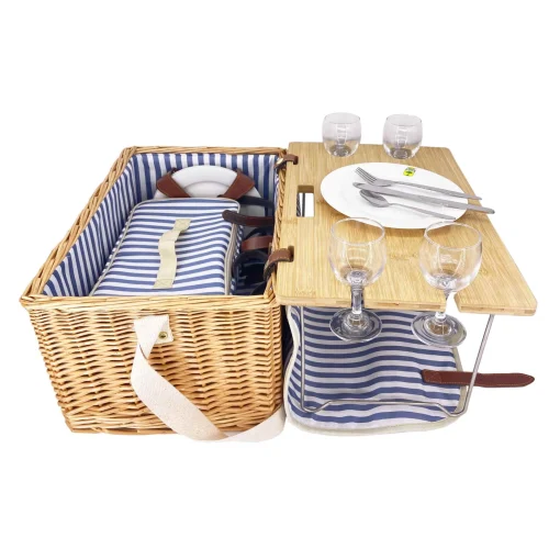Les Jardin de la Comtesse Saint-Malo Blue Striped Picnic Basket with Table, 4 Person Clearance