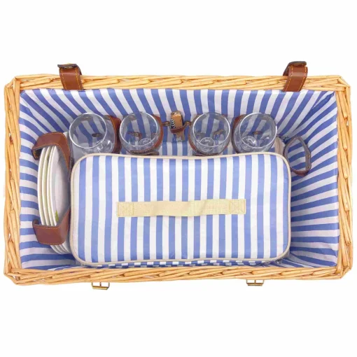 Les Jardin de la Comtesse Saint-Malo Blue Striped Picnic Basket with Table, 4 Person Clearance