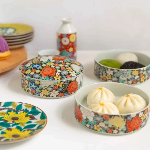 Seikou Porcelain Black Floral Motif Sweets Container, 3 Compartments New