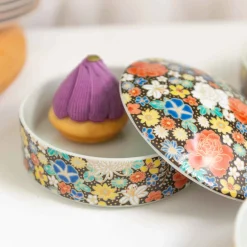 Seikou Porcelain Black Floral Motif Sweets Container, 3 Compartments New