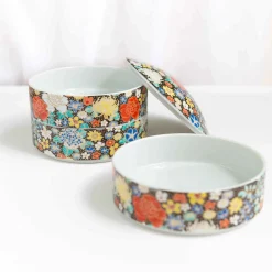 Seikou Porcelain Black Floral Motif Sweets Container, 3 Compartments New