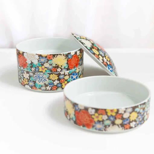 Seikou Porcelain Black Floral Motif Sweets Container, 3 Compartments New