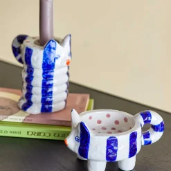 Bloomingville Set of 2 Blue Striped Cat Candle Holders Sale