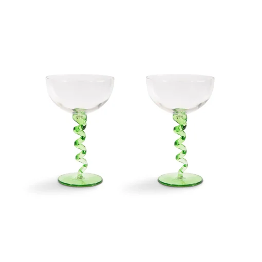 &Klevering Set of 2 Green Twisted Coupe Glasses, 300ml Hot