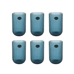 Bright Glassware Set of 6 Ribbed Blue Highball Glasses, 430ml Clearance