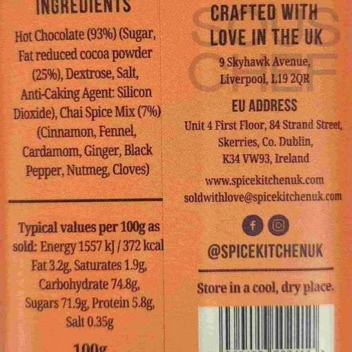 Spice Kitchen Chai Hot Chocolate, 100g New