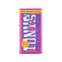 Tony's Chocolonely White Chocolate with Raspberry & Popping Candy, 180g Hot