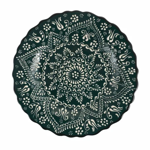 El Boyali Seramikler Yesil Ve Beyaz Boyali Wavy Dinner Plate, 26.5cm New